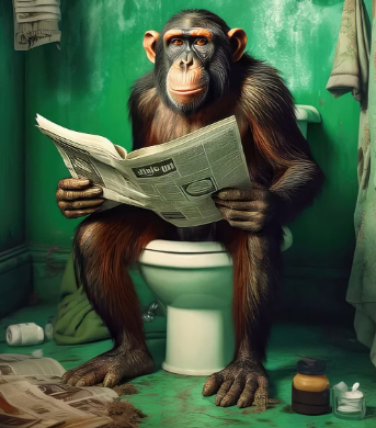 singe assis sur des toilettes en lisant un journal